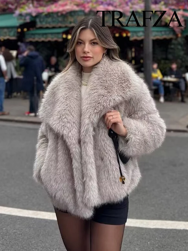 HH 여성용 가을 겨울 패션 크롭 인조 퍼 큰 라펠 재킷 여성용 숨겨진 버클 따뜻한 두꺼운 외투