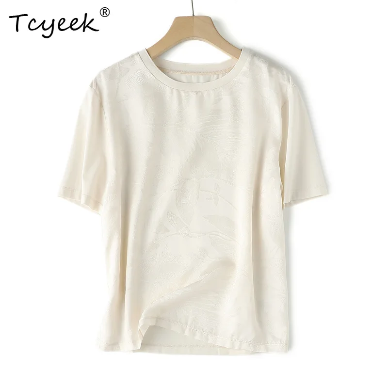 

Tcyeek, 19MM 100%Real Silk Elegant T-Shirt, Women Short Sleeve Jacquard, Retro Commute Loose Top, 2024 Summer Autumn T469108QC