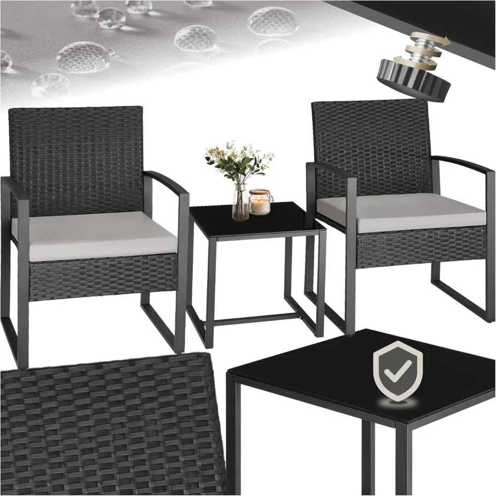 

Outdoor Garden Set For 2 People, Garden Furniture 2 Rattan Chairs With Cushions And Terrace Table With Safety Glass Top