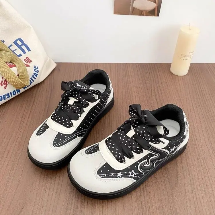 Damen Polka Dot Plaid Splicing Board Schuhe Schnürschuhe Flache Sneakers Retro Stern-Stickerei Casual Studenten Alltagsschuhe – Detail 5