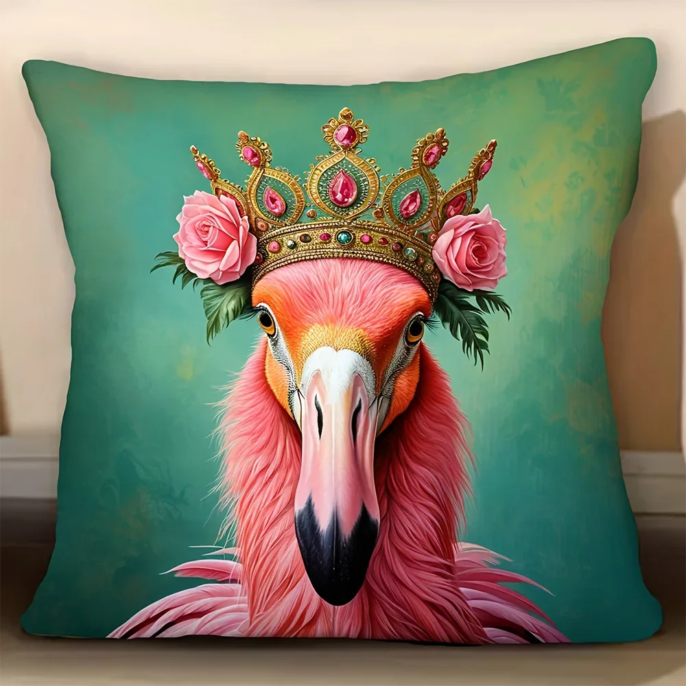 Funda de cojín con diseño de corona de flamenco real, funda de almohada floral rosa y verde para sofá, cama, decoración del hogar, funda cuadrada suave, 1 ud.