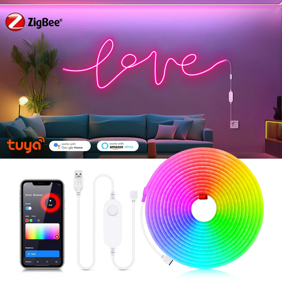 Tuya Zigbee Lampu Strip LED USB Fleksibel RGB/Putih/Warm Neon Light Tape Smart LED TV Backlight 5V untuk Gateway Bridge SmartThings