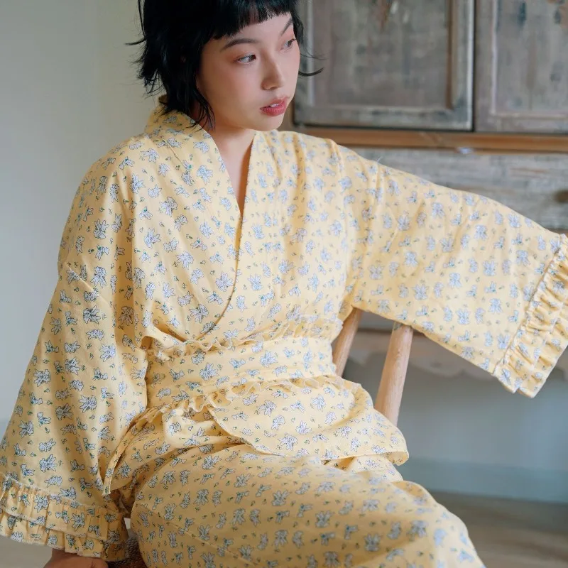

Women's Yellow Sweet Ditsy Floral 100% Cotton Double Gauze Pajama, Soft Ruffled Kimono Wrap Top & Wide Leg Pants Loungewear