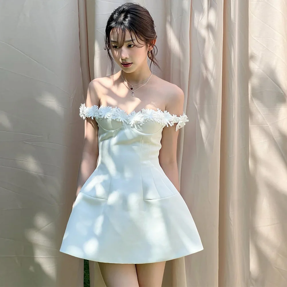 

Customized Fashion Off the Shoulder A-Line Evening Dress Flowers Party Dress Delicate Short Sleeves Mini Length Cocktail Dress