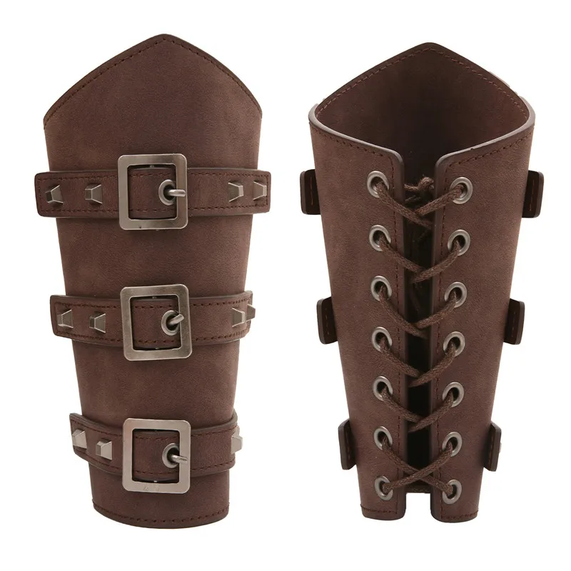 Rekwizyty do Cosplay Faux Leather szeroki Bracer zasznurować ramię zbroja mankiet sznurek Steampunk Vintage średniowieczne rękawiczki bransoletki z opaską na nadgarstek 1 szt.