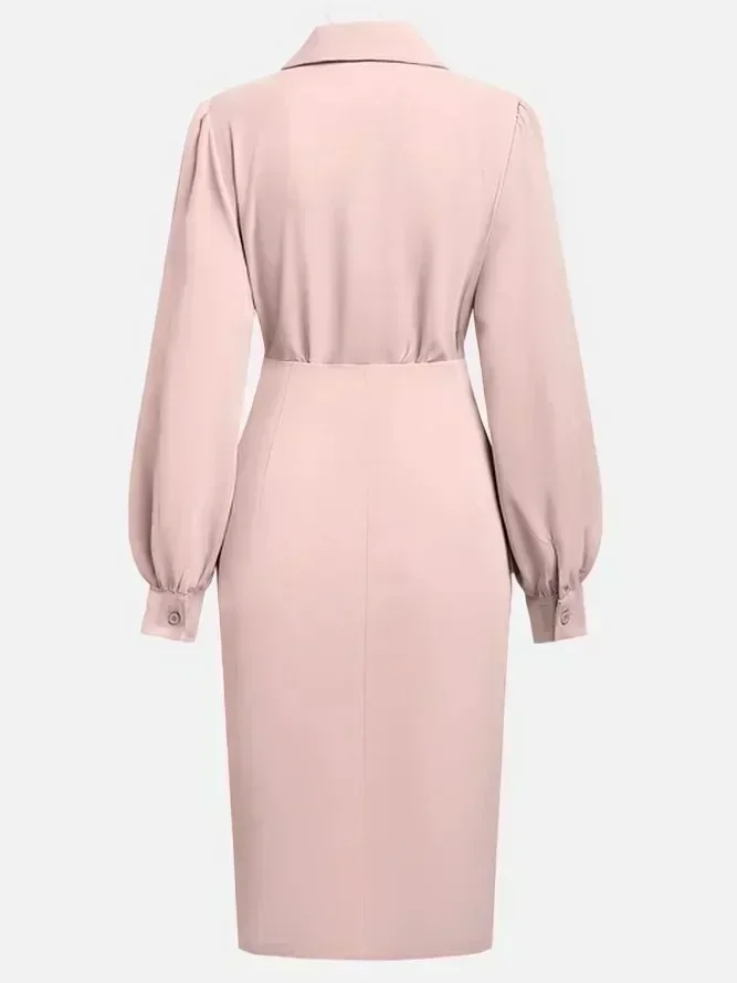 Damen Rüschenkleid mit V-Ausschnitt und Puffärmeln, Midi-Länge, Bleistiftschnitt, geraffte Taille, Schlitz, elegantes Bürokleid – Detail 13