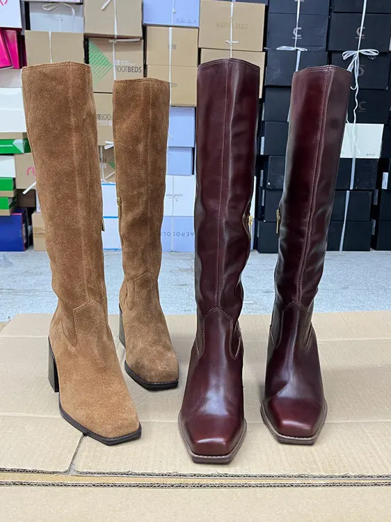 أحذية Faion النسائية من الجلد الطبيعي بسحاب جانبي ورأس مربع اللون وكعب عالٍ أحذية طويلة كورية مقاومة للماء