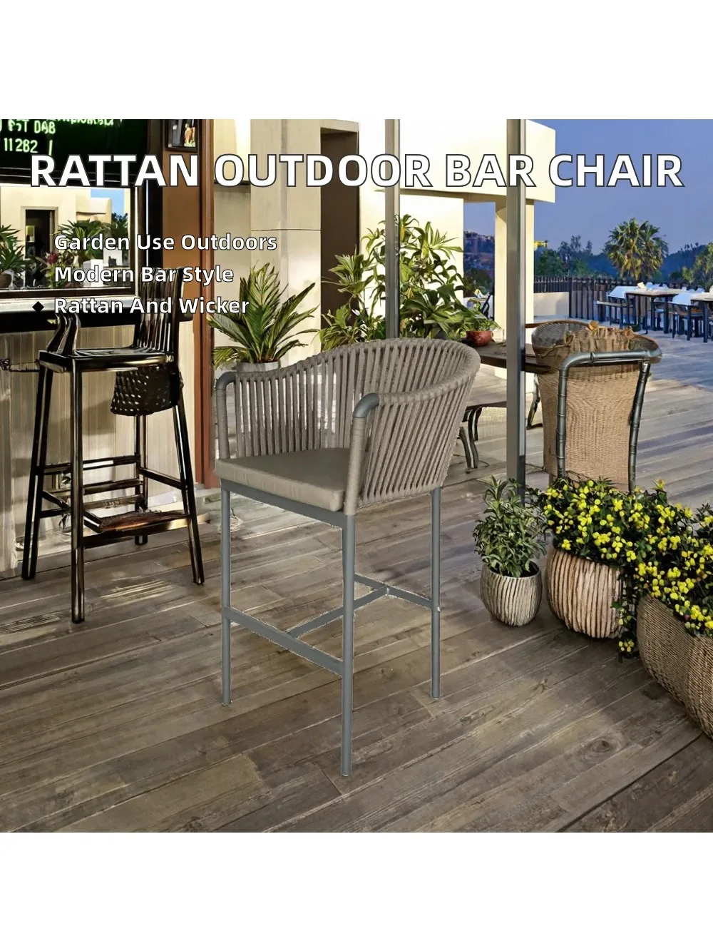 #Outdoor Aluminum Rattan Bar Stool Modern Linear Style PE Wicker Bar Chairs for Hotels Restaurants Bistros