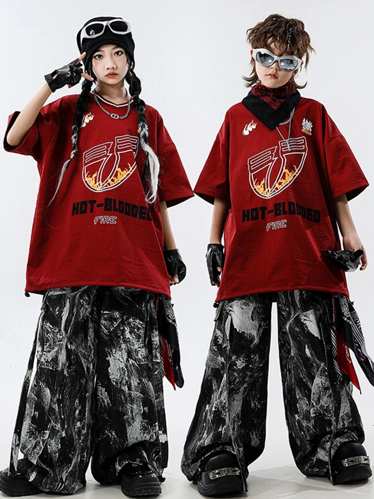 Jongens Straatdansen Set Meisjes Jazzdans Kostuum Hip Hop Outfit Kinderen Prestaties Dans Kleding Rode Tops Cargo Broek XH2616