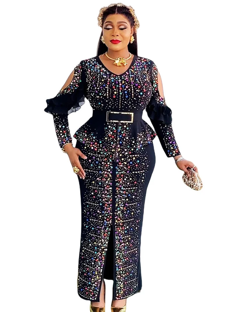 

Party Evening Dresses For Women Long Sleeve Maxi Robe African Dashiki Diamond Luxury Dress Birthday Prom Ladies Clothing Kaftan