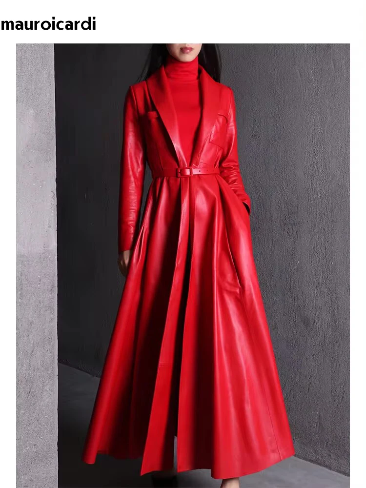 Mauroicardi lente zwarte maxi rok kunstleer trenchcoat voor dames extra lange elegante luxe designer kleding overjas