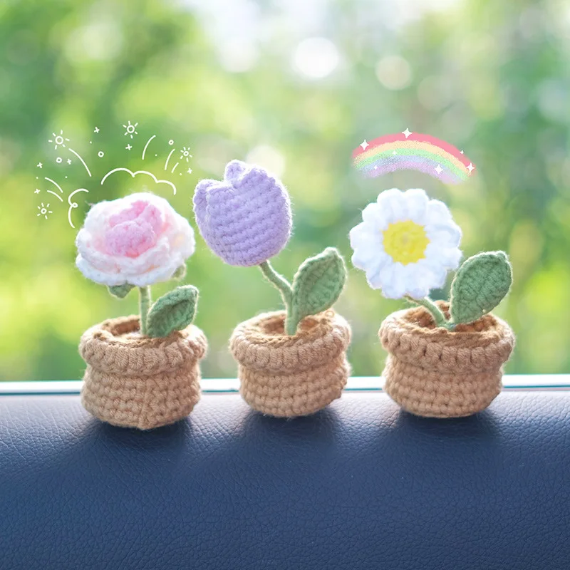 Handwoven Mini Potted Crochet Yarn Sunflower Car Interior Center Console Decoration Decorations Car Interior Decoration