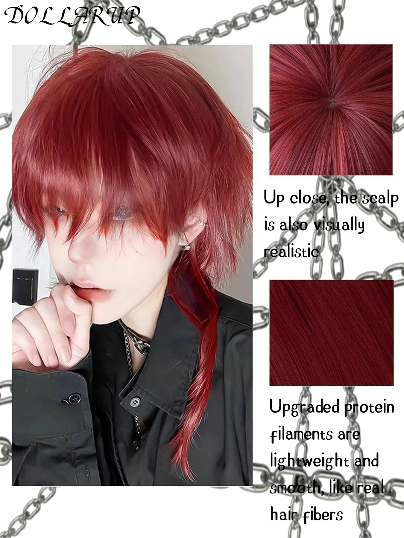 JKL Red Long Straight Synthetic Mullet Head Wig Wolf Tail Layered Fluffy Women and Men Wig for Daily Party Lolita Cosplay