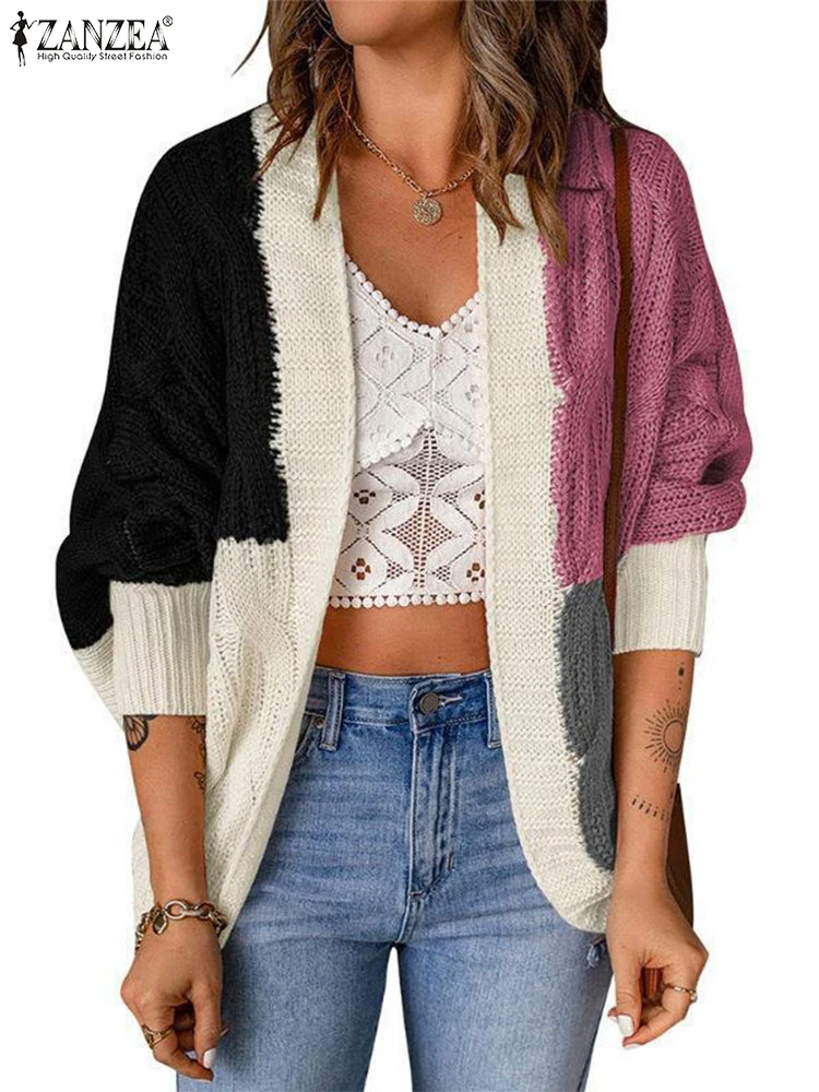 

2025 Autumn Sweaters ZANZEA Winter Warm Long Kimonos Coat Women Long Sleeve Open Front Contrast Color Cardigans Knitted Outwear