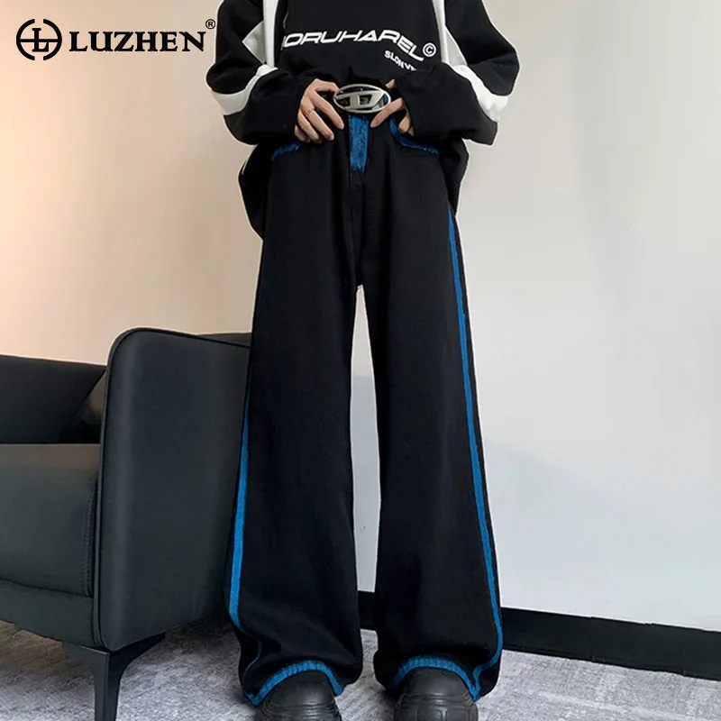 LUZHEN 2024 Scrawl Line Color Contrast Trendy Straight Jeans Personalized Casual Original Design Baggy Men's Denim Pants LZ5835