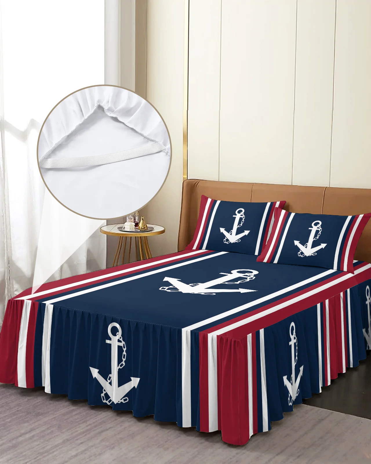 Vertical Blue Red Stripe White Anchor Bed Skirt Elastic Fitted Bedspread With Pillowcases Mattress Cover Bedding Set Bed Sheet