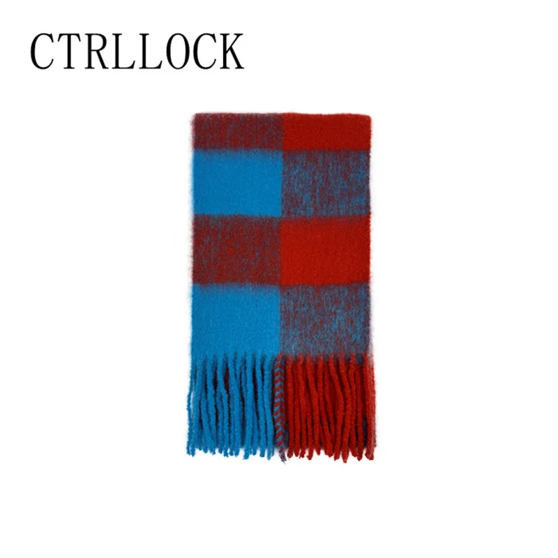 CTRLLOCK Korean Wool Blend Large Plaid Tassel Scarf For Women Autumn Long Color Spliced Scarf