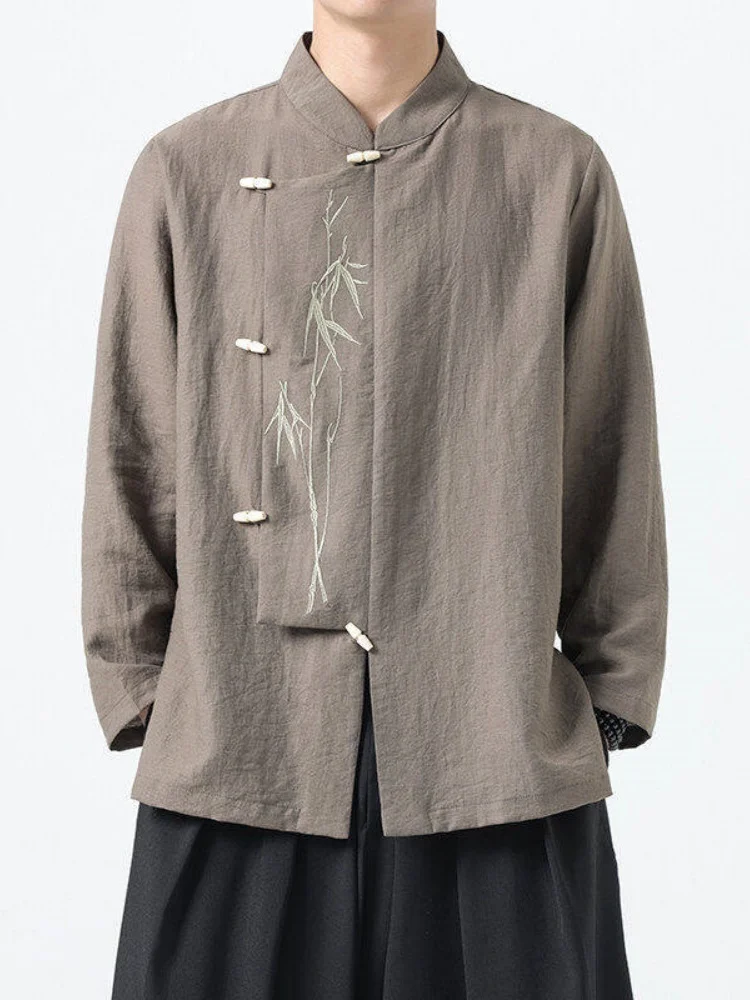 

New Chinese Sle Men's Linen irt Tang Costume Hanfu Top Button down Loose Fit Long Sve Youth Faion Spring Wear