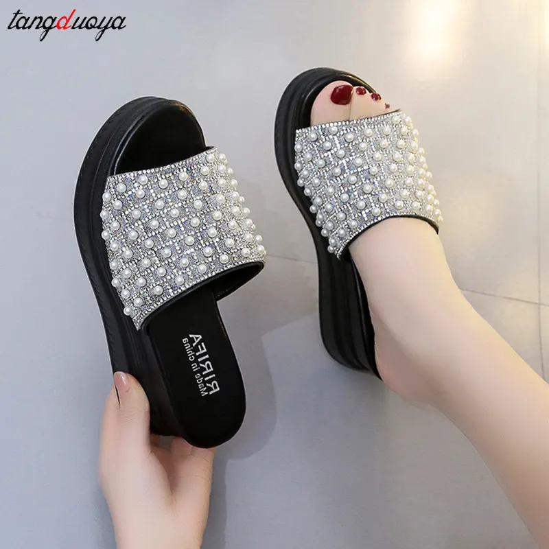 pearl white pink slippers Flip Flops Women shoes Slippers Platform Summer Shoes Open Toe Wedges Sandals Ladies Shoes women heels