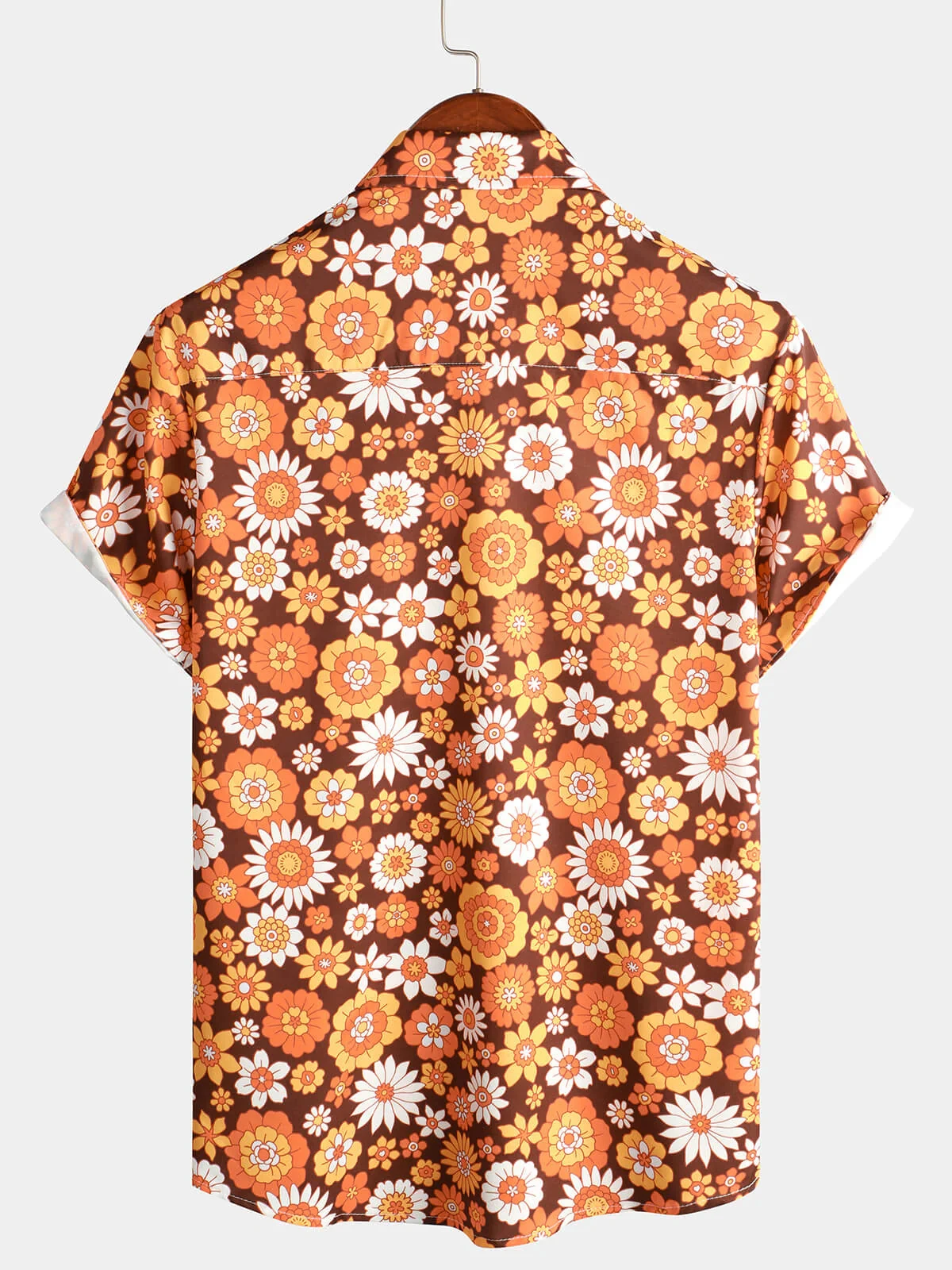 Men Summer 3D Print Lapel Shirt Polyester Retro Orange Floral Daisy Short Sleeve Hawaiian Beach Shirt
