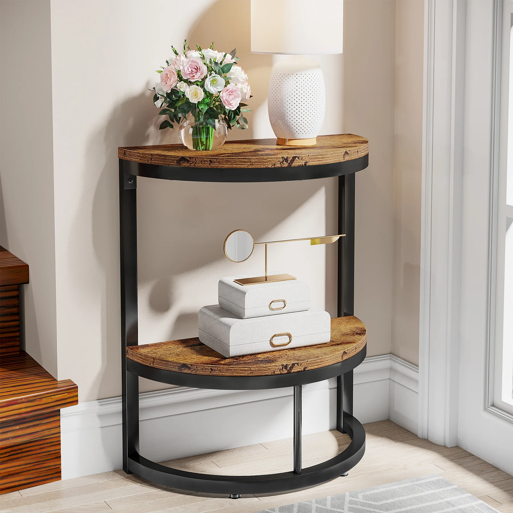 طاولة نهاية Tribesigns شبه دائرية، طاولة جانبية صغيرة نصف دائرية مع رف تخزين، طاولة C رفيعة لأريكة الأريكة #4