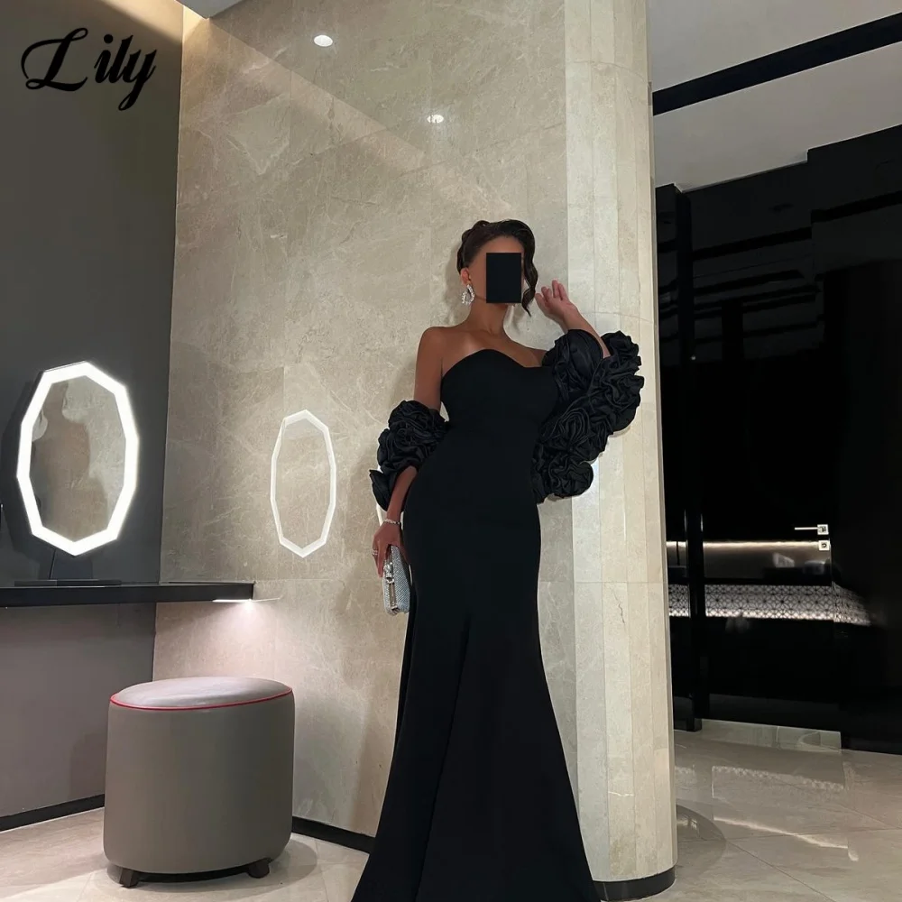 زنبق أسود بسيط ثوب مسائي على شكل قلب البوق فساتين لحضور الحفلات الموسيقية فساتين سهرة الزفاف مع طيات رداء السهرة حسب الطلب