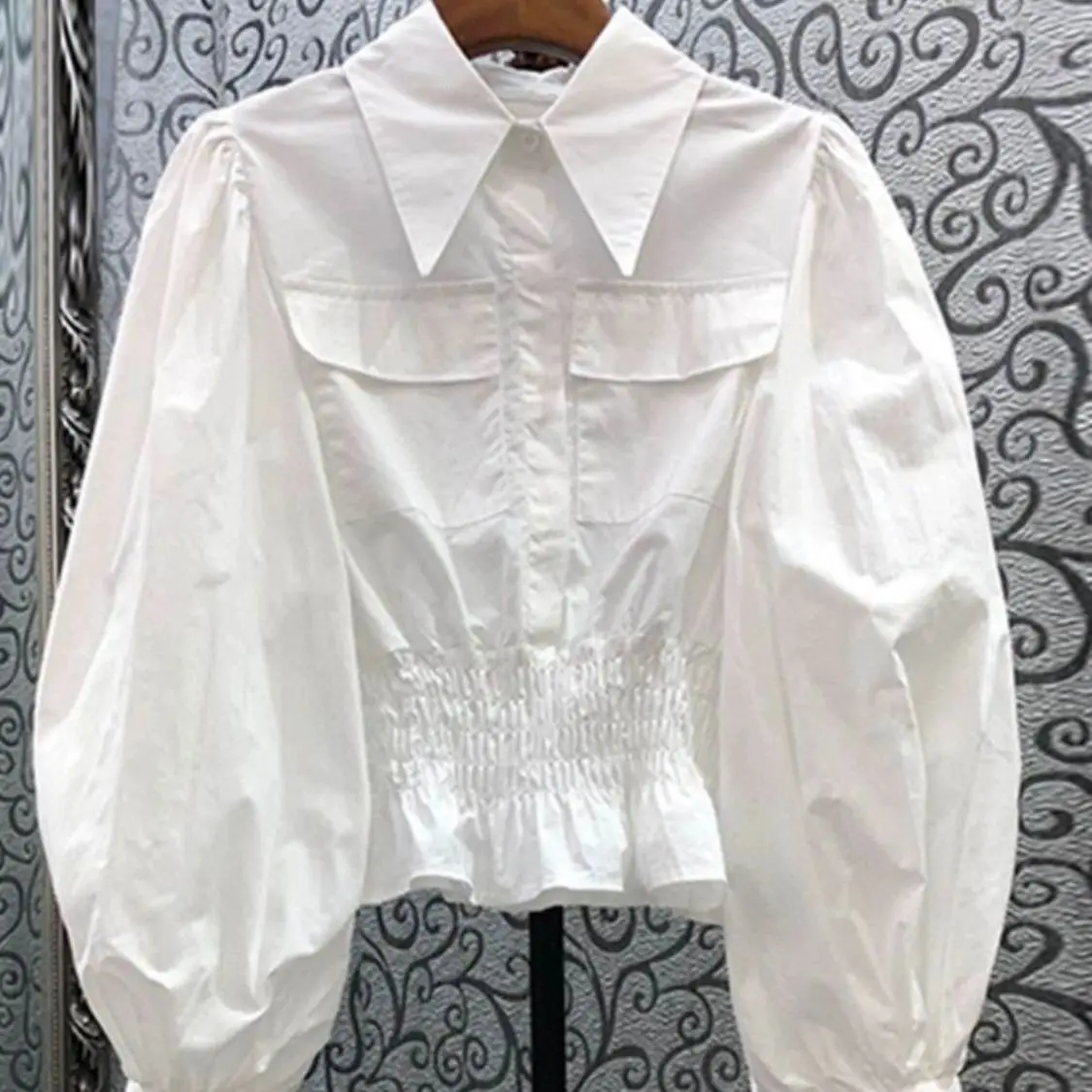 

Шикарная элегантная укороченная блузка с пышными рукавами, отложным воротником, присборенной талией, на пуговицах, с нагрудными карманами, для повседневной носки и вечеринок