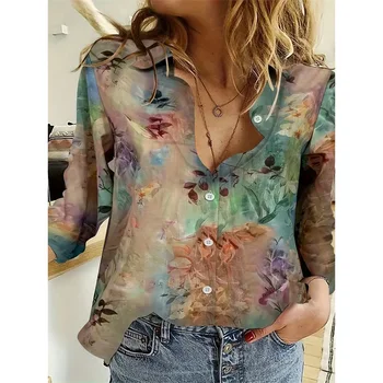 Camicia a maniche lunghe alla moda Estate traspirante monopetto con risvolto Top Camicie con bottoni stampati floreali 3d Abbigliamento donna Autunno