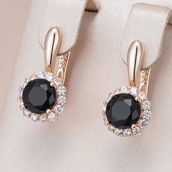 Kinel Sparkling Black Round Natural Zircon English Earrings Women 585 Rose Gold Color Vintage Wedding Party Fine Daily Jewelry