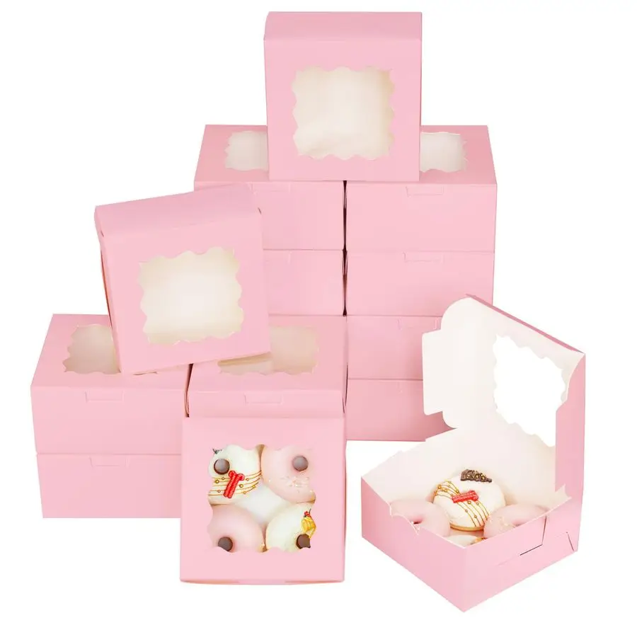 

100pcs Pink Cookie Boxes 6x6x3 inches Easy Assemble Macaroon Pastry Boxes Bakery Boxes with Window for Bakery