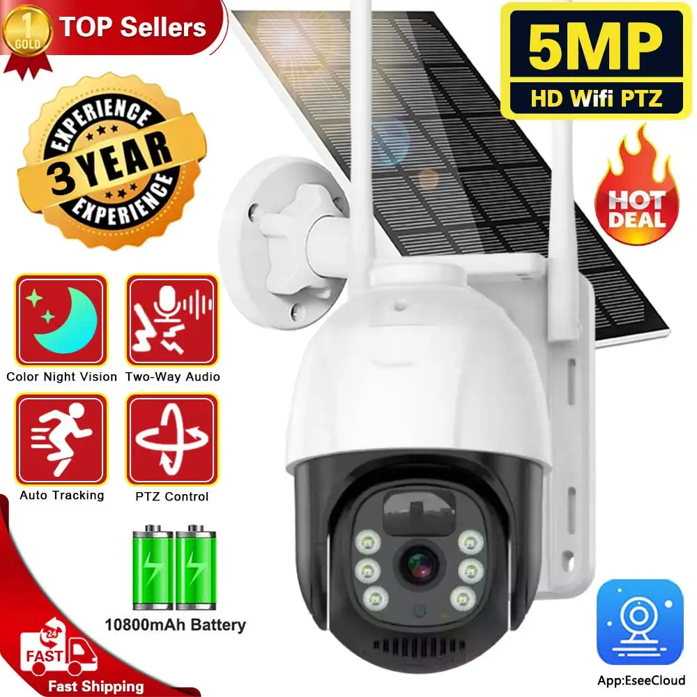 

5MP 360 Solar security Camera WIFI Wireless Surveillance AI Auto Tracking Camera PTZ Outdoor Two Way Audio Long Standby IP Cam