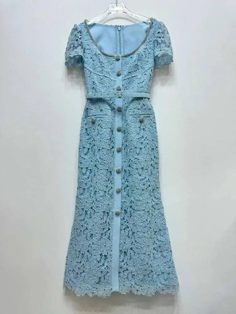 JAMERARY Brand Designer Summer Black Lace Evening Prom Dress Women Diamond Button Short Sleeve Midi Long Party Vestidos Quality