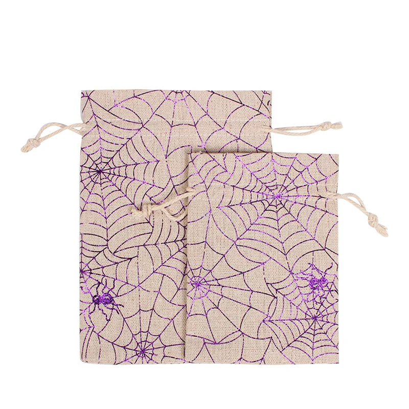 100Pcs/lot Halloween Cotton Drawstring Children's Gift Bags Gold-stamped Spider Web Cat Witch Pouches Candy Packaging Bag