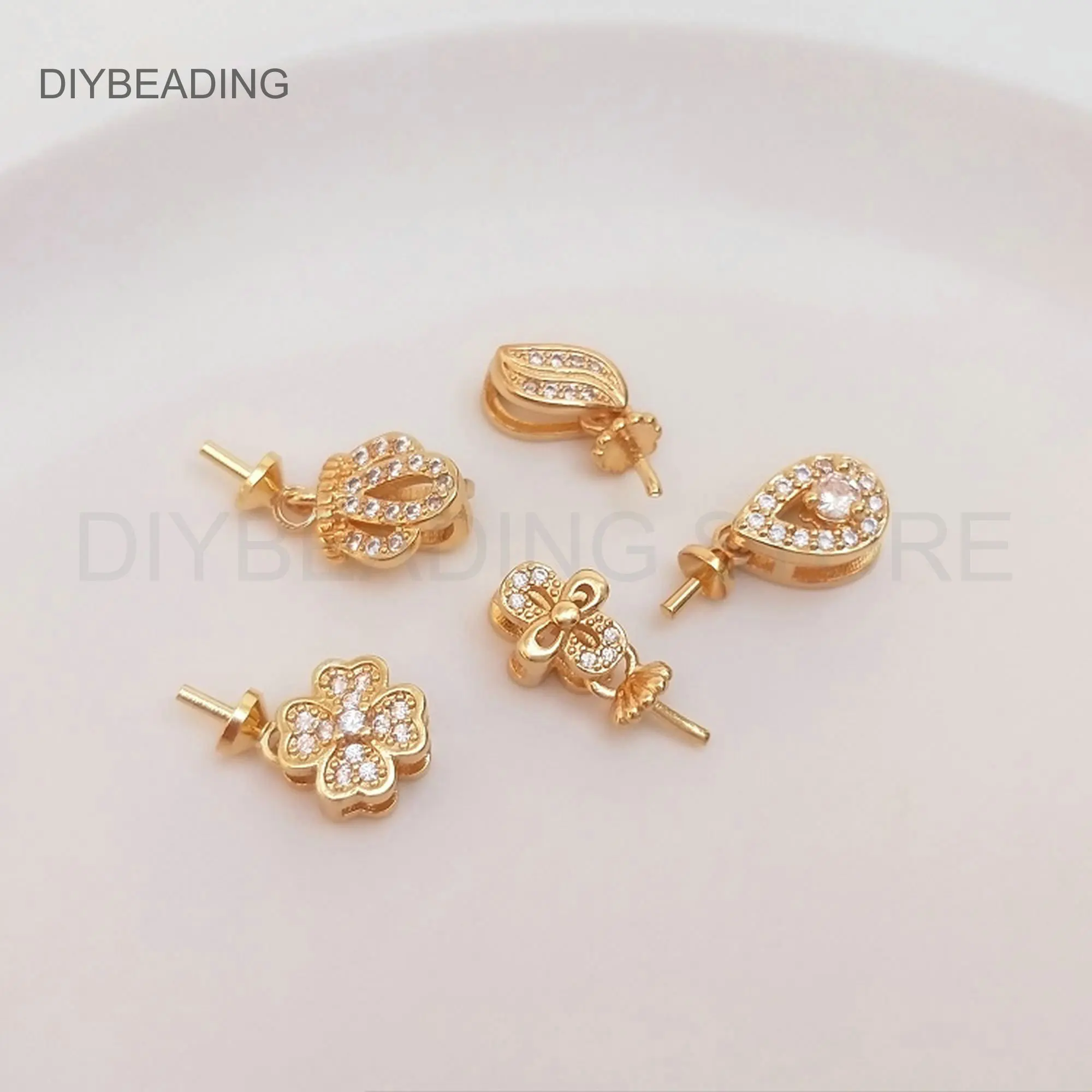 Peg Bail Caps for Half Drilled Pearl Beads 14K Gold Plated Leaf/ Heart/ Teardrop/ Crown/ Flower/ Oval Drop Cap Finding