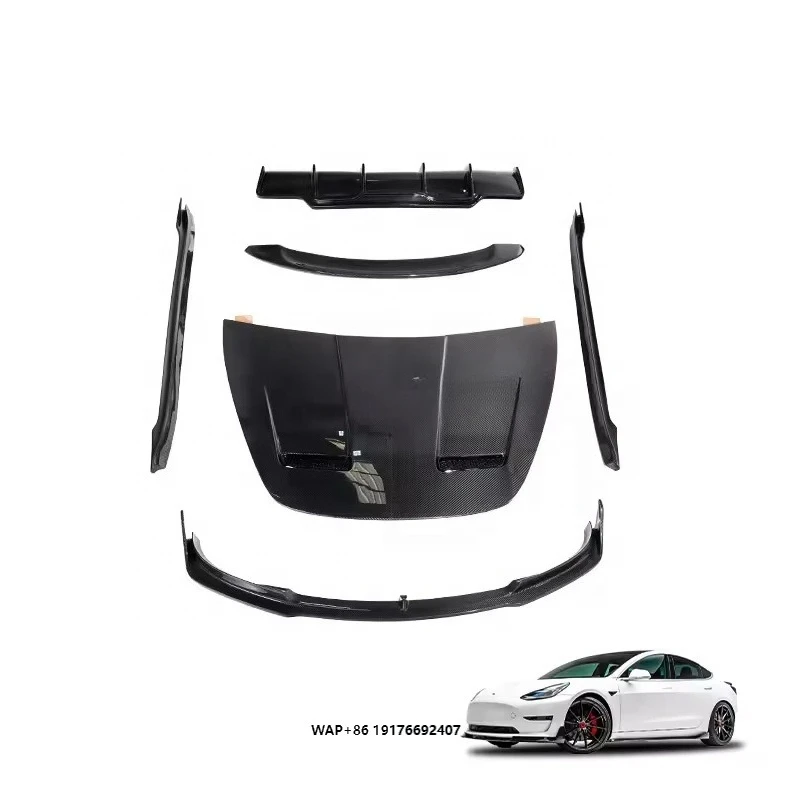 Dry Carbon Fiber Front and Rear Diffuser Engine Hood Side Skirts V-shaped Body Kit Suitable forTesla Model 3