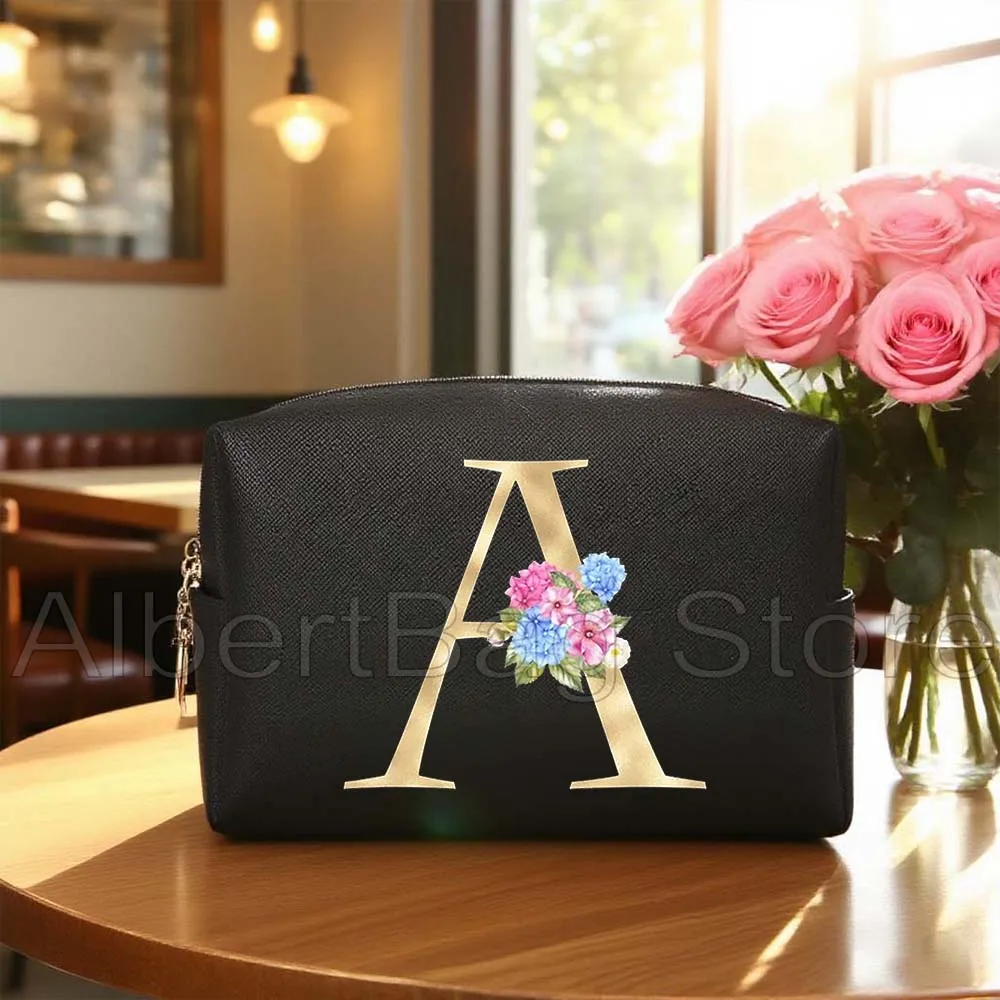 

Gold Floral Letter Alphabet Flowers Initial Letter Wedding Gift PU Leather Cosmetic Bag Women Makeup Case Waterproof Storage Bag