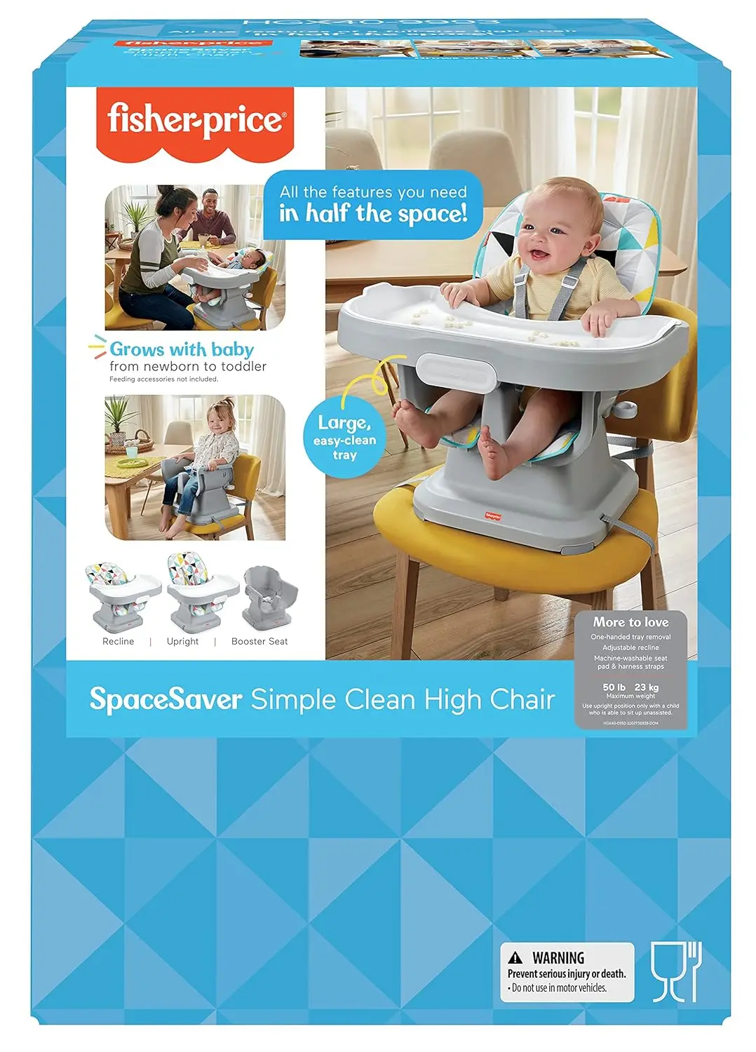 Fisher-Price SpaceSaver Simple Clean High Chair Baby to Toddler Portable Dining Seat with Removable Tray Liner, Windmill