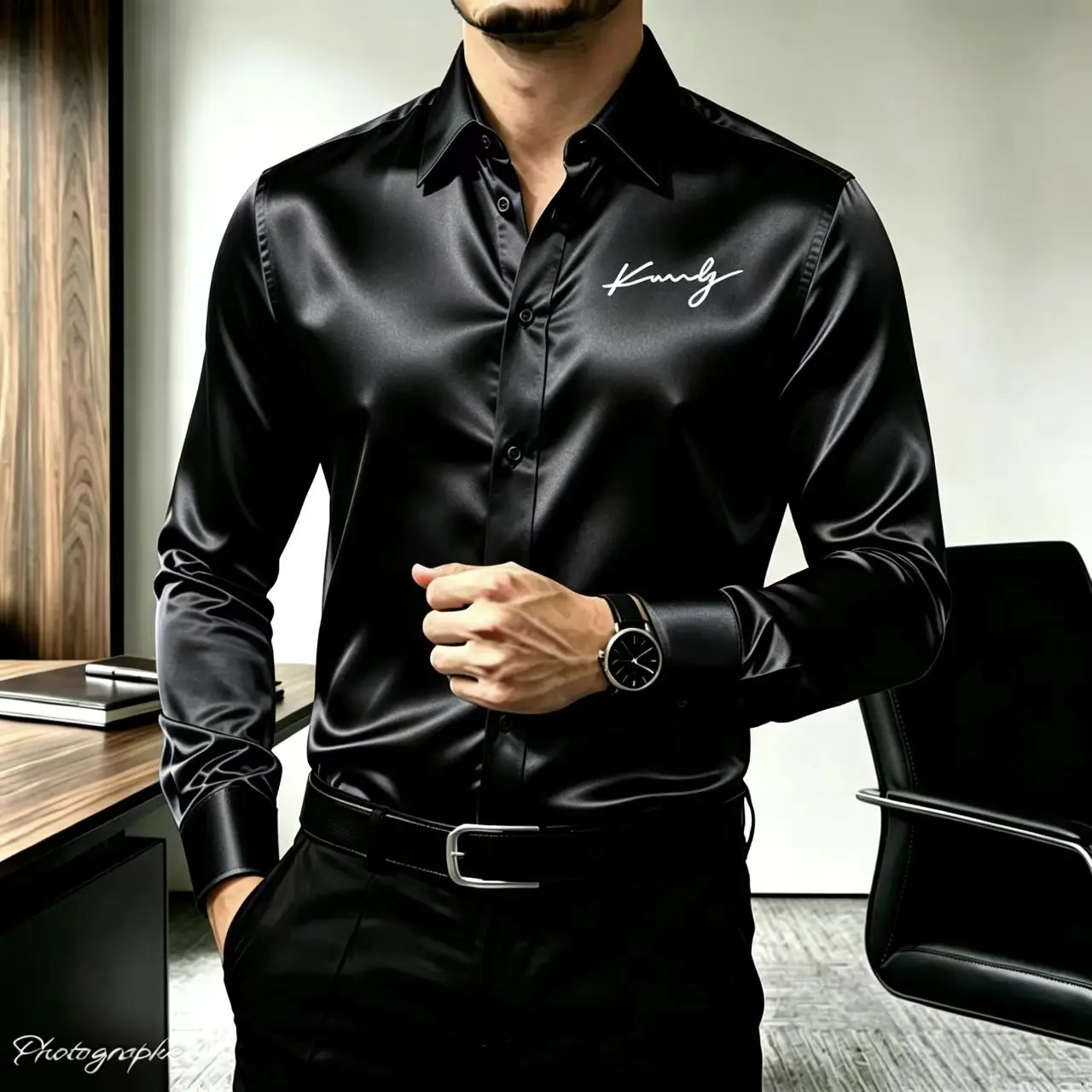 Men's Satin Silk Long Sleeve Dress Shirt Letter Print Slim Fit Button Down Business Casual Party Wedding Formal Top