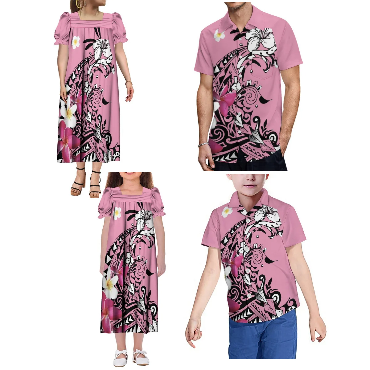 Summer New Style Hawaiian Men'S Shirt And Mumu Women'S Dress Girls' Maxi Polynesian Tribe Custom Vintage Print Family Suit