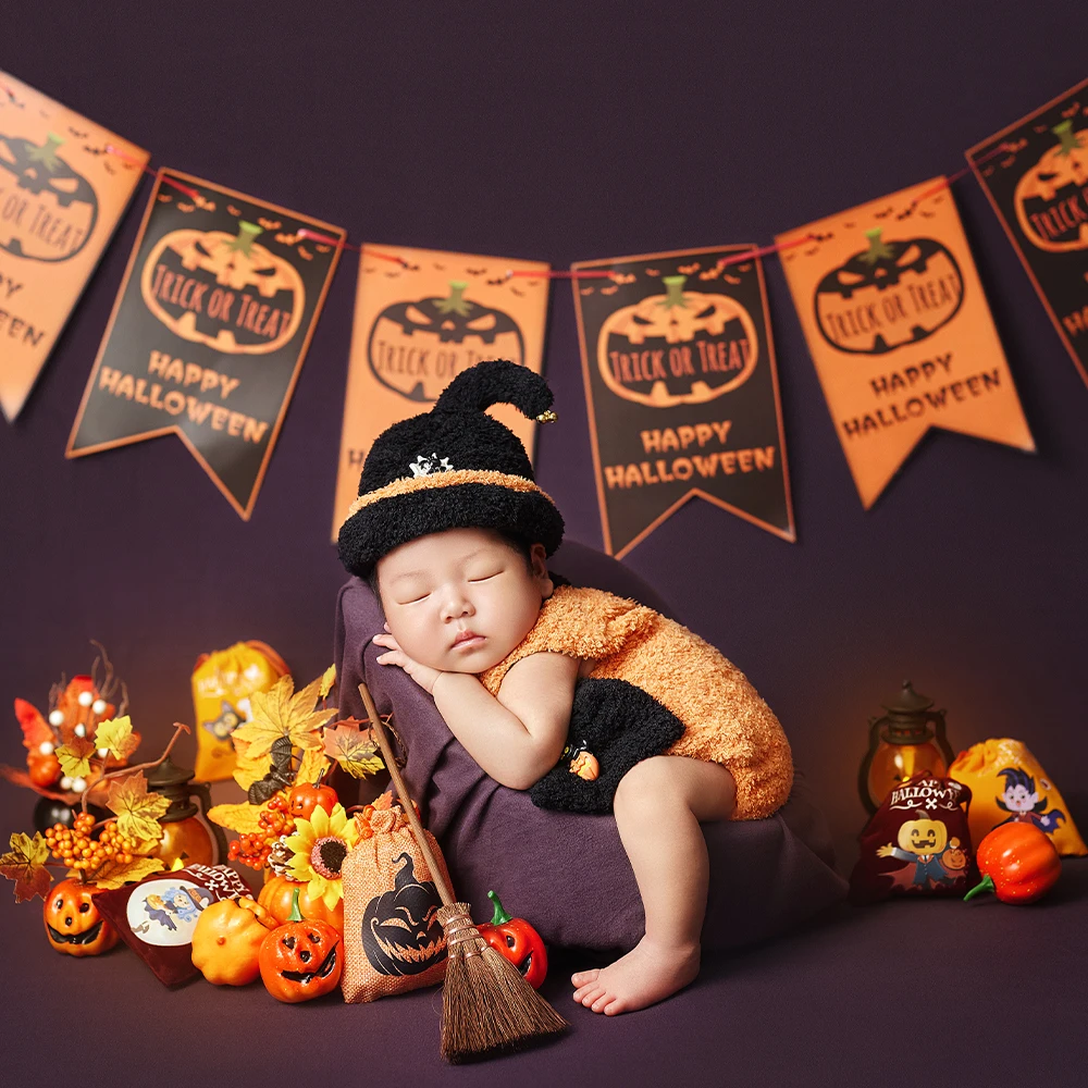 Baby First Halloween Photography Props Kit Knitted Witch Hat+Jumpsuit Set Halloween Decoration Props Photographer Shoot Supplies