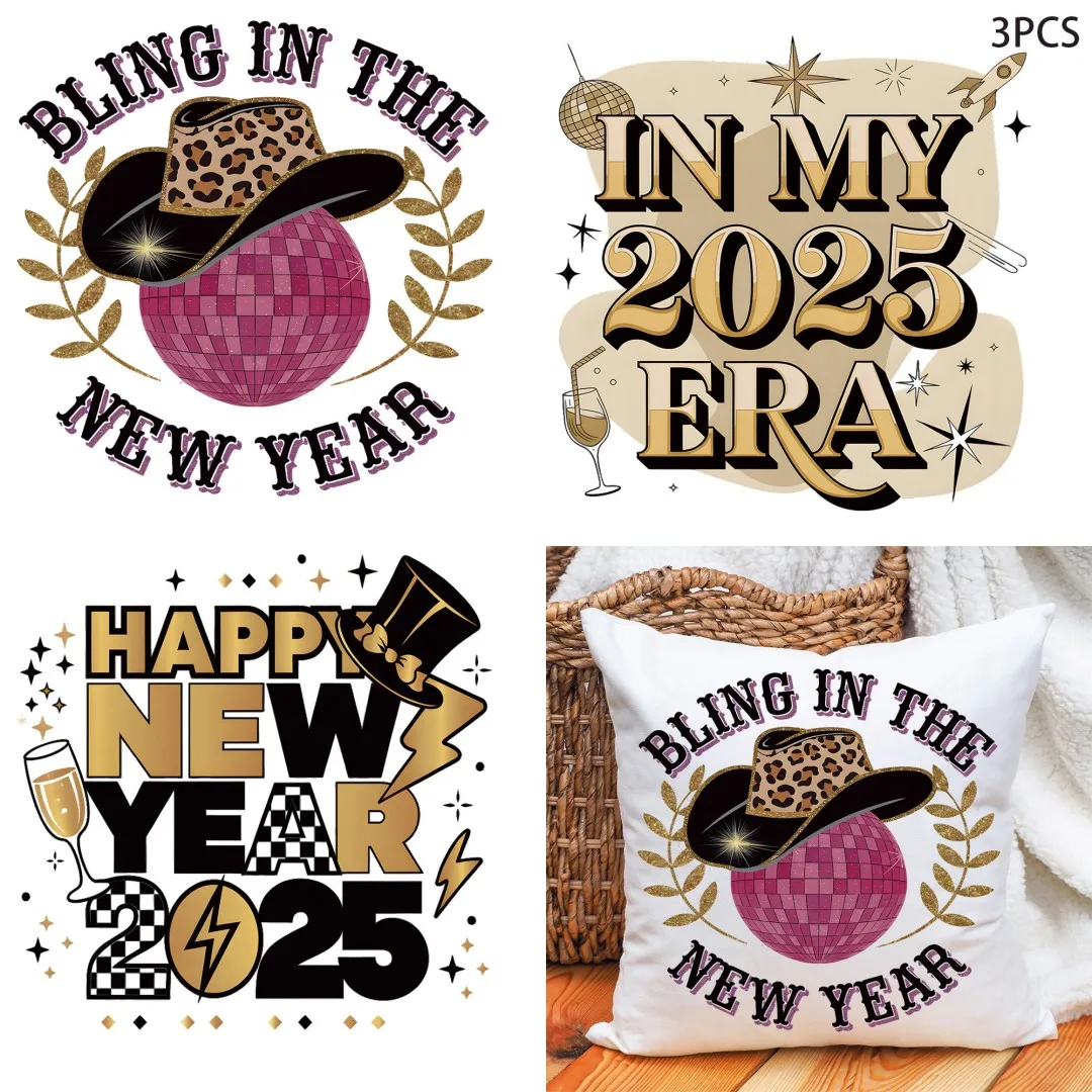 

Happy New Year 2025 Heat Sticker DIY Washable Iron On Transfer For Clothing Bag Colorful Patch On Clothes Hat Appliqued