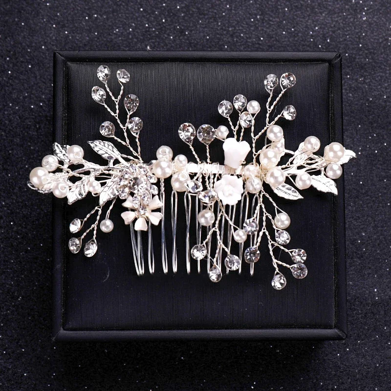 Silver Color Flower Crystal Pearl Wedding Hair Comb Hairpin Headband For Bride Women Wedding Hair Accessories Jewelry Tiara Gift