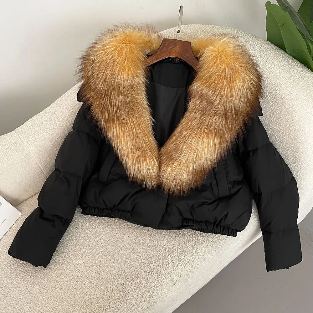 Detachable Collar Big Natural Real Fox Fur Jacket Women Short Puffer Jacket Thick New Autumn Winter Female White Duck Down Coat