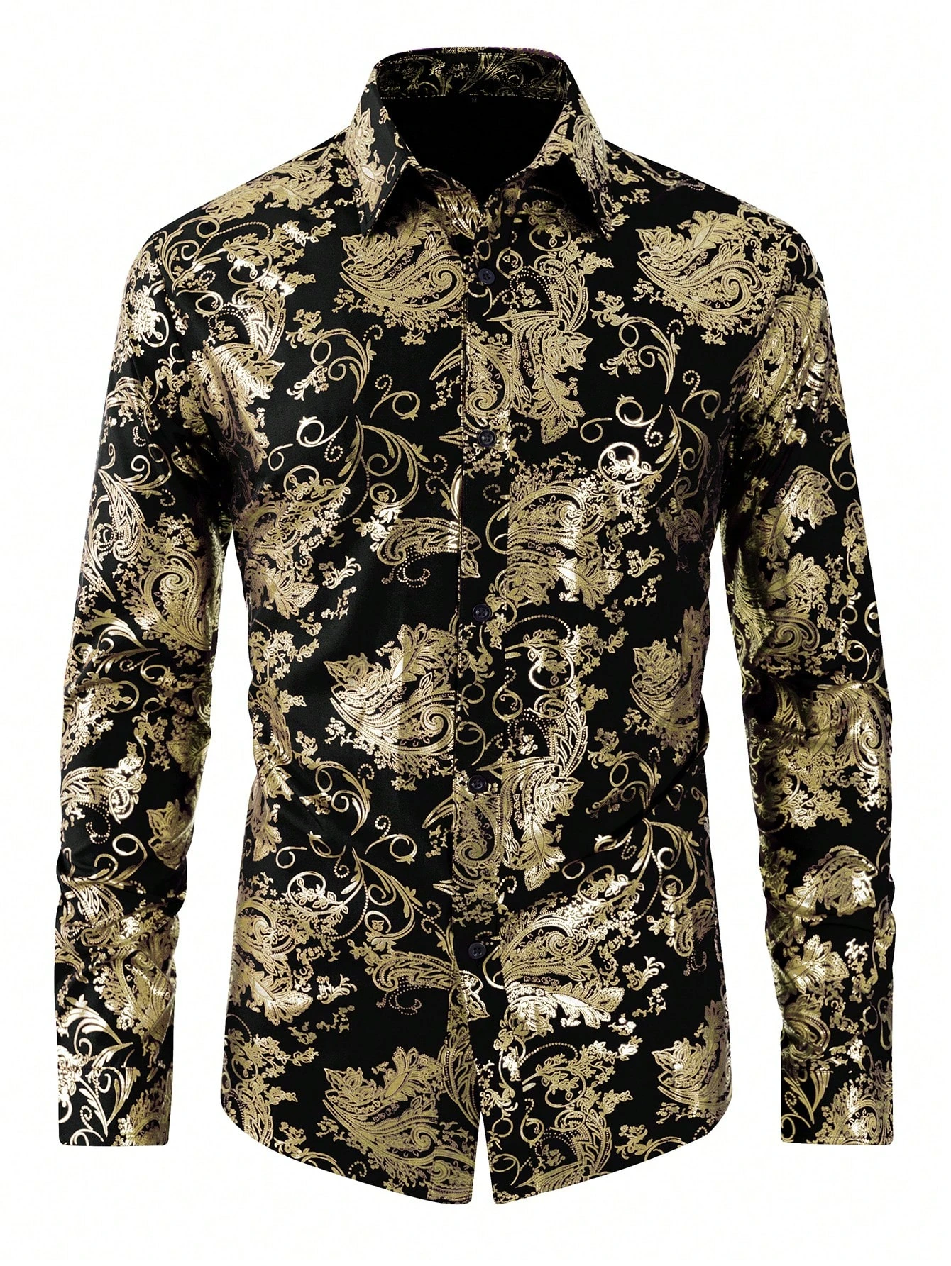 Camisa Masculina de Manga Longa com Estampa Paisley Dourada e Preta, Gola Reversível, Botões Frontais, para Festas e Eventos Sociais