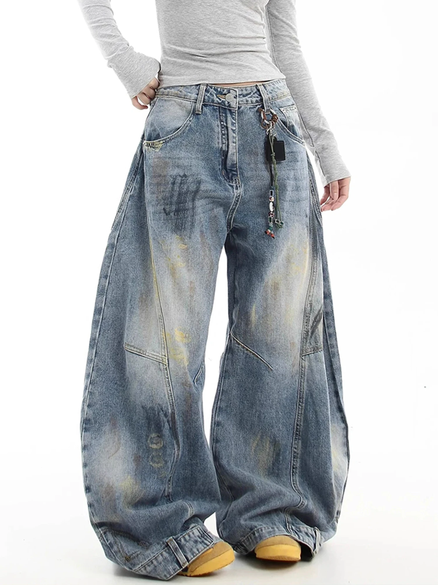 Women's Blue Y2K American Graffiti Denim Pants Originals Loose Fit Denim Long Trousers 2000s Style Retro Fashion Denim Jeans