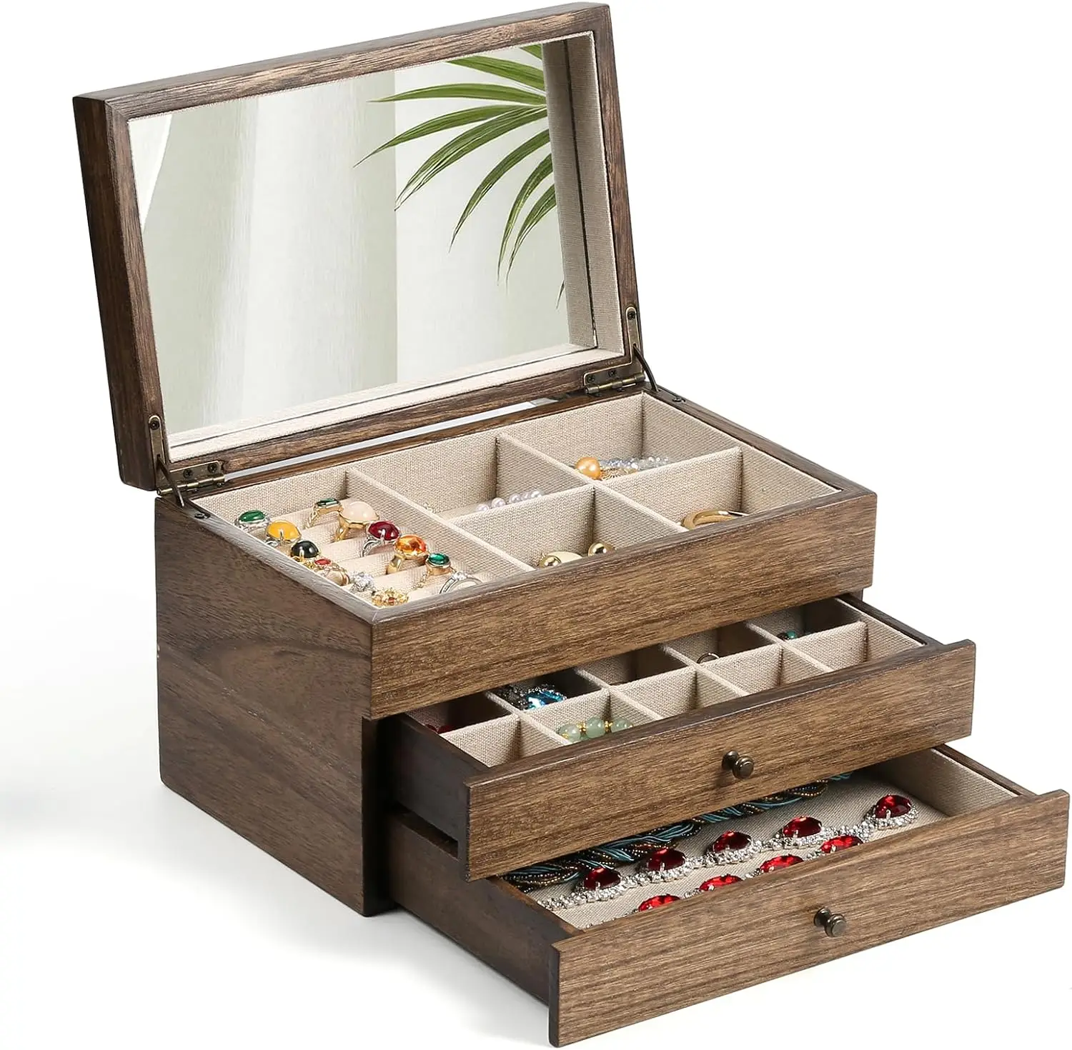 

3-слойная деревянная шкатулка для драгоценностей с зеркалом и подносом для колец, хранилище в винтажном стиле для ожерелья, серег, браслетов - отделка из орехового дерева