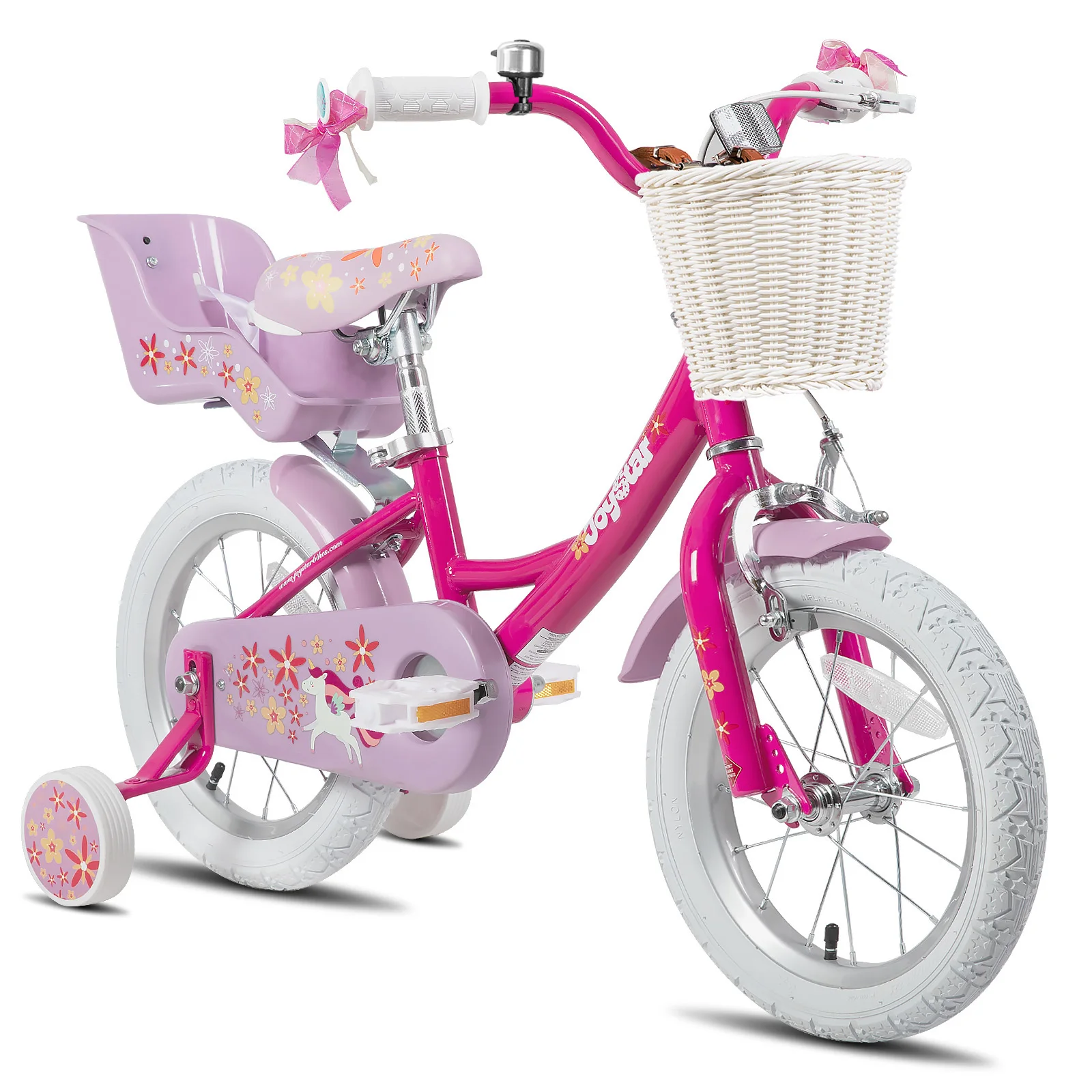 JOYSTAR Kinderfahrrad für Mädchen im Alter von 2–9 Jahren, 12, 14, 16, 45,7 cm großes Kinderfahrrad mit Stützrädern, Puppensitz, Luftschlangen, Korb, Fuchsia