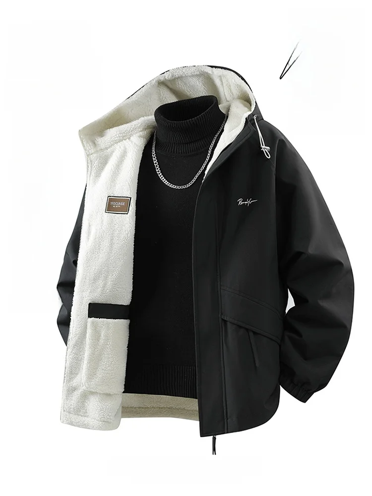 

Double-Sided Wear Cotton Jaet Men's New Winter Thiened Lamb Velvet Hooded Coat Warmth Anti-Cold Upper Apparel