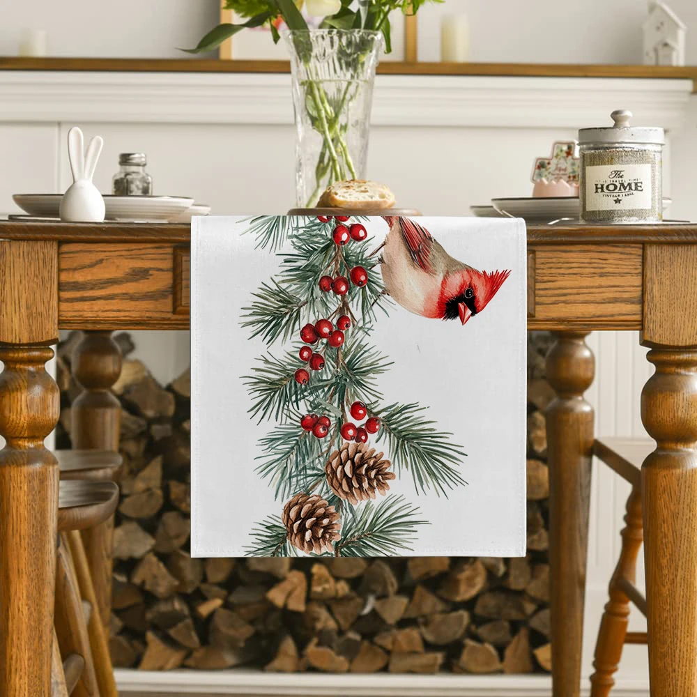 Christmas Fir Redbird Berry Pine Cone Table Runner Home Wedding Centerpieces Decoration Party Table Runners Dining Long Cloth