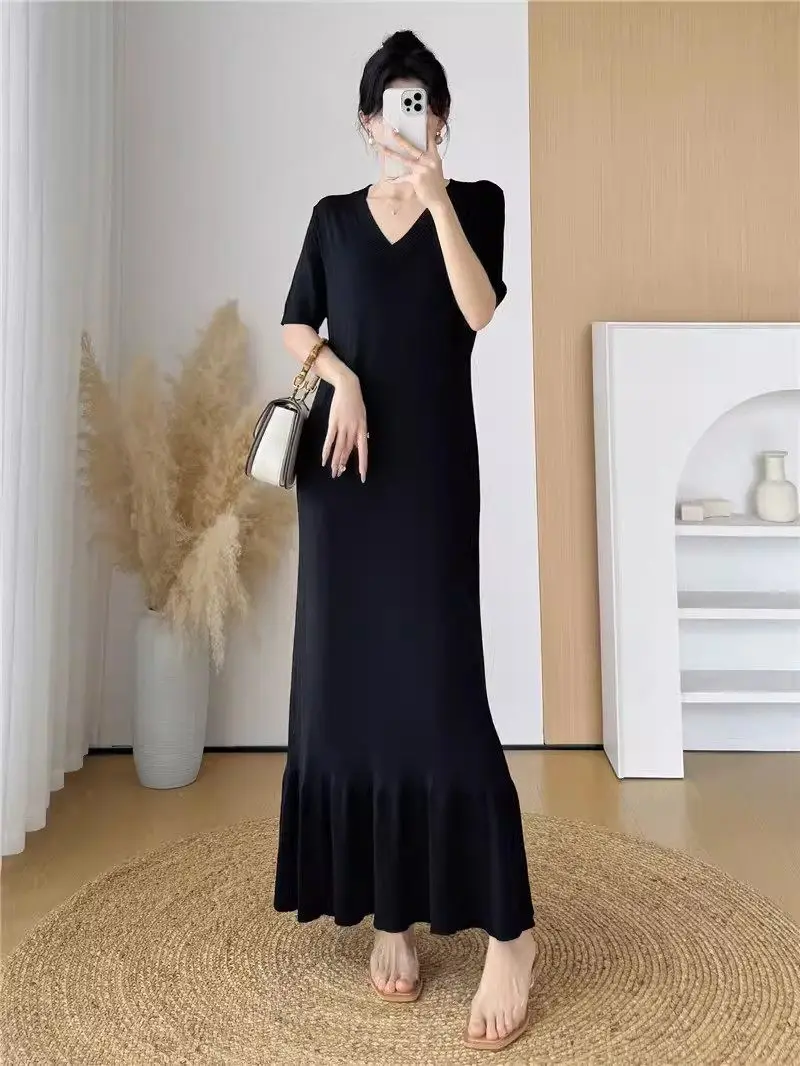 Женское длинное трикотажное платье, черное свободное облегающее модное платье средней длины из ледяного шелка, пуловер с коротким рукавом, K981, лето 2024